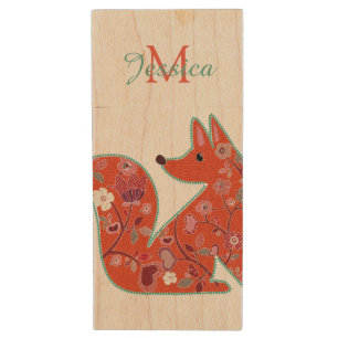 Folk Art Flower Pattern Fox Personalised Wood Flash Drive