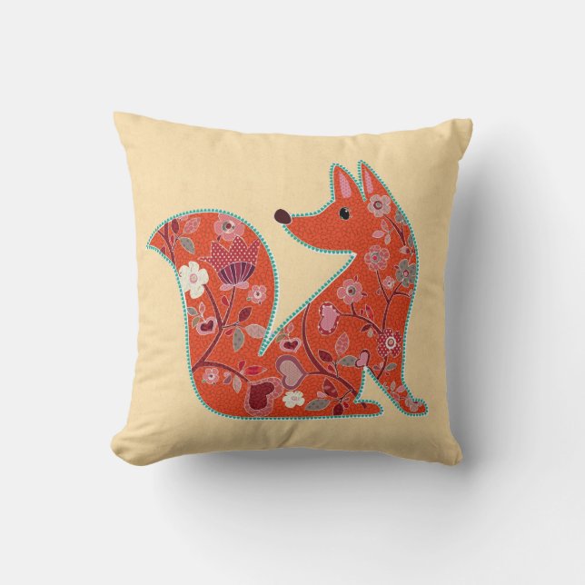 Folk Art Flower Pattern Fox Throw Pillow (Front)