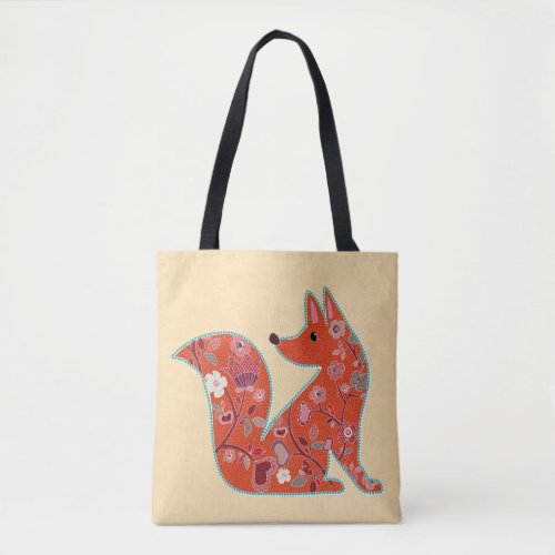 Folk Art Flower Pattern Fox  Tote Bag