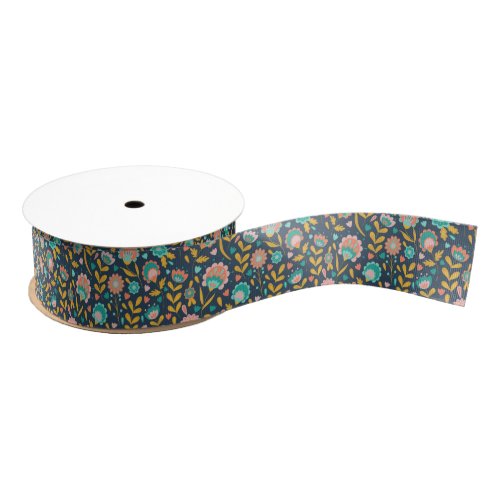 Folk Art Flower Pattern Grosgrain Ribbon