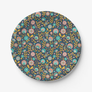 Folk Art Flower Pattern Paper Plates