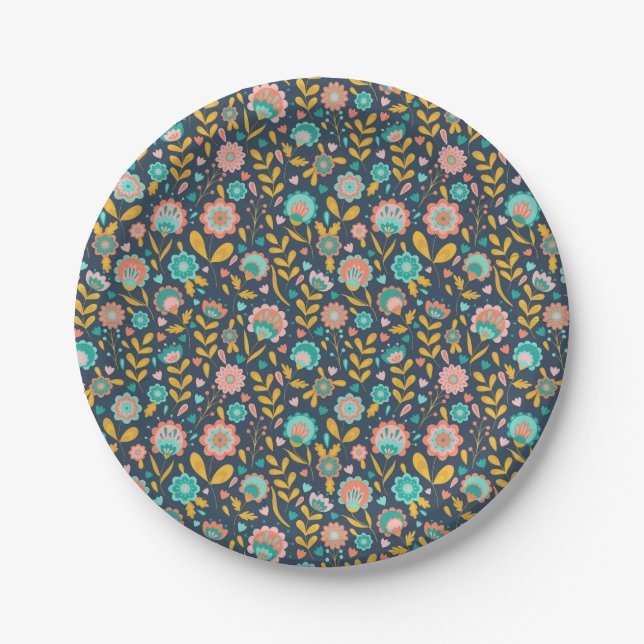 Folk Art Flower Pattern Paper Plates (Front)