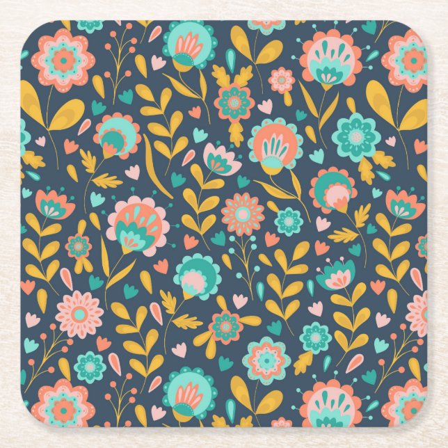 Folk Art Flower Pattern Square Paper Coaster (Front)