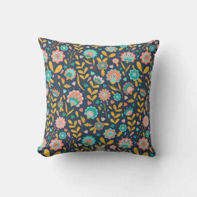 Folk Art Flower Pattern Throw Pillow (Front)