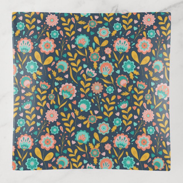 Folk Art Flower Pattern Trinket Tray (Front)