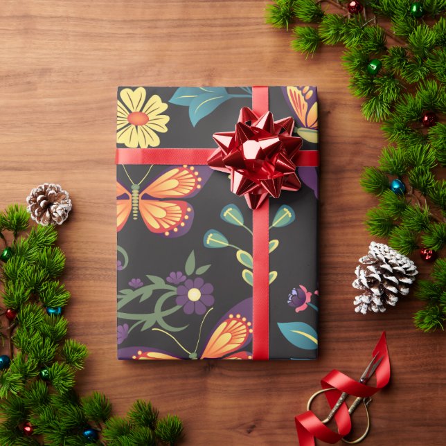 Folk Art Flowers and Butterflies Wrapping Paper (Holiday Gift)