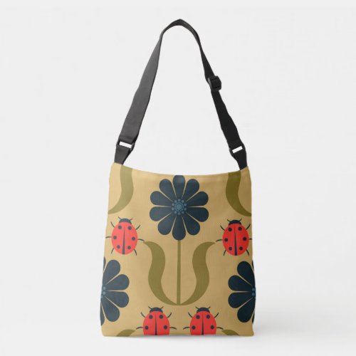 Folk Art flowers and cute Ladybugs Crossbody Bag
