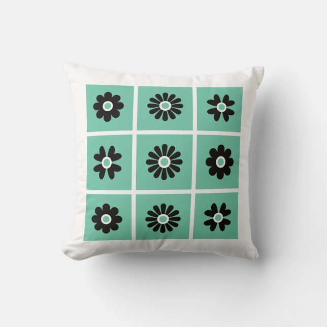 Folk Art Flowers Green & Black Throw Pillow (Front)