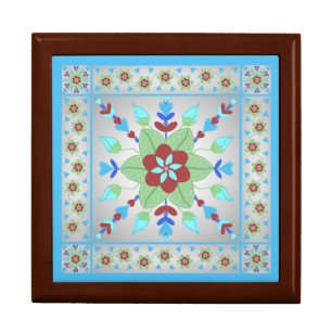 Folk Art Flowers, Leaves Hearts turq. Keepsake box