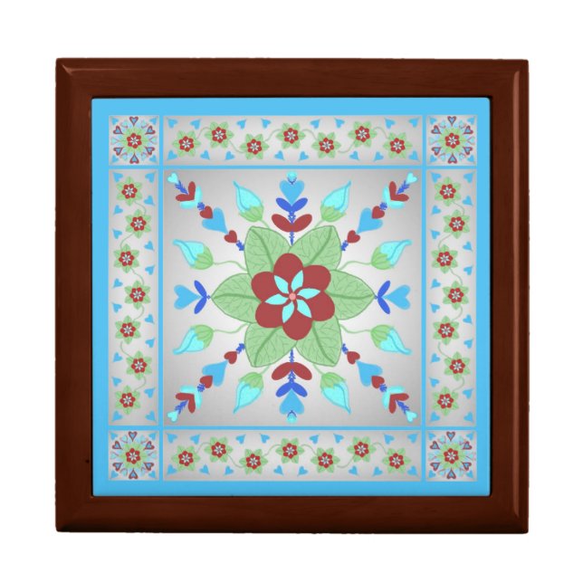 Folk Art Flowers, Leaves Hearts turq. Keepsake box (Front)