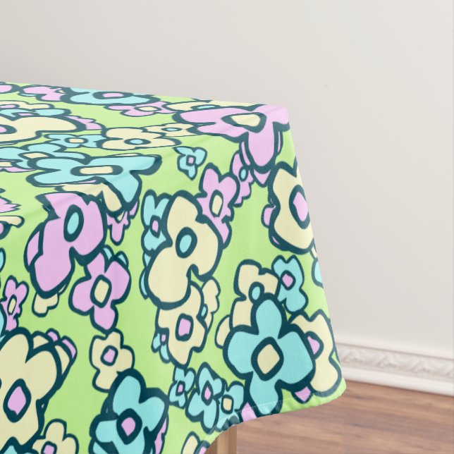 Folk Art Flowers Pastel Colors Spring Green Tablecloth (In Situ)