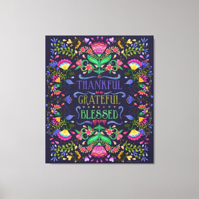 Folk Art Flowers | Thankful Grateful Blessed Canvas Print (Front)