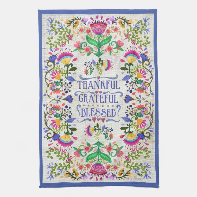 Folk Art Flowers | Thankful, Grateful, Blessed Kitchen Towel (Vertical)
