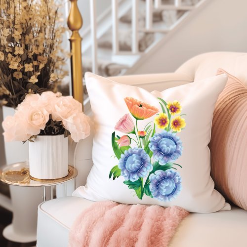 Folk Art Flowers Throw Pillow