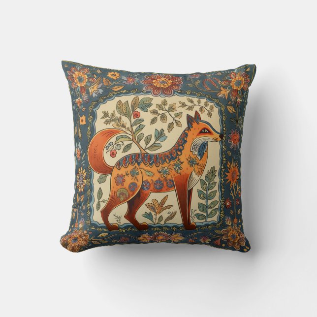 Folk Art Fox and Flowers Teal Blue Cream Throw Pillow (Front)