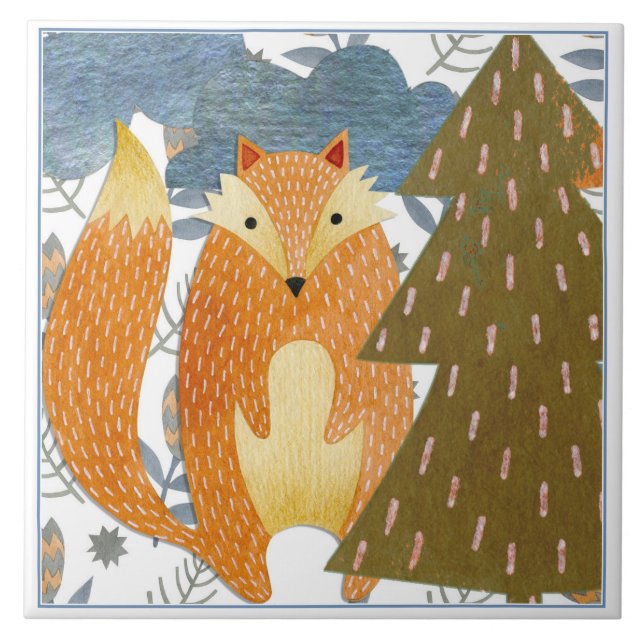 Folk Art Fox Christmas Ceramic Tile (Front)