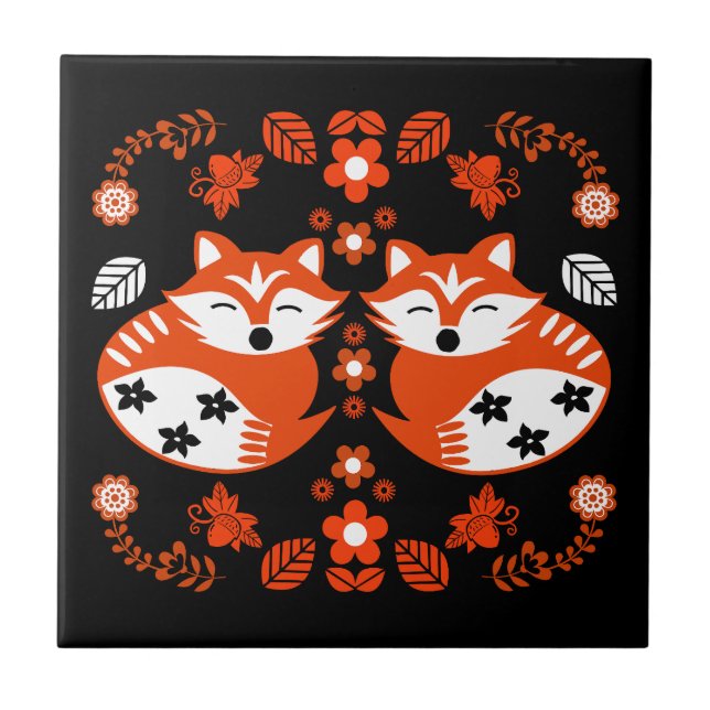 Folk Art Fox Print Decor Ceramic Tile (Front)