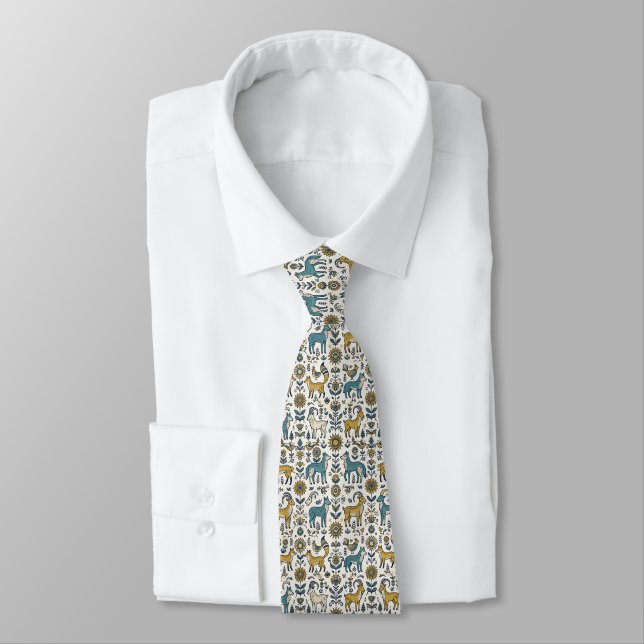 Folk Art Fox & Wolf Forest Pattern Neck Tie (Tied)