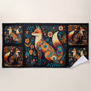 Folk Art Foxes Beach Towel