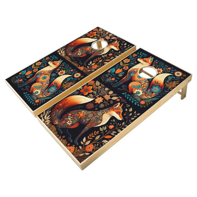 Folk Art Foxes Cornhole Set (Angled)