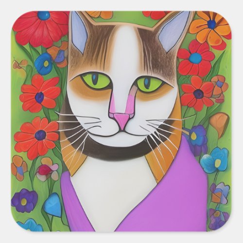 Folk Art Funny Cat with Colorful Flowers Square Sticker