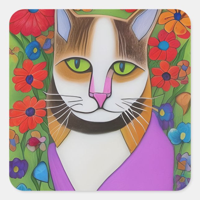 Folk Art Funny Cat with Colorful Flowers Square Sticker (Front)