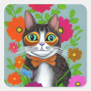 Folk Art Funny Cat with Red Flowers Square Sticker
