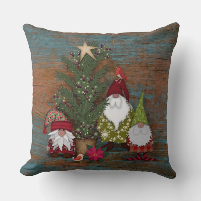 Folk Art Gnomes and Christmas Tree | Cherie's Art Throw Pillow (Front)