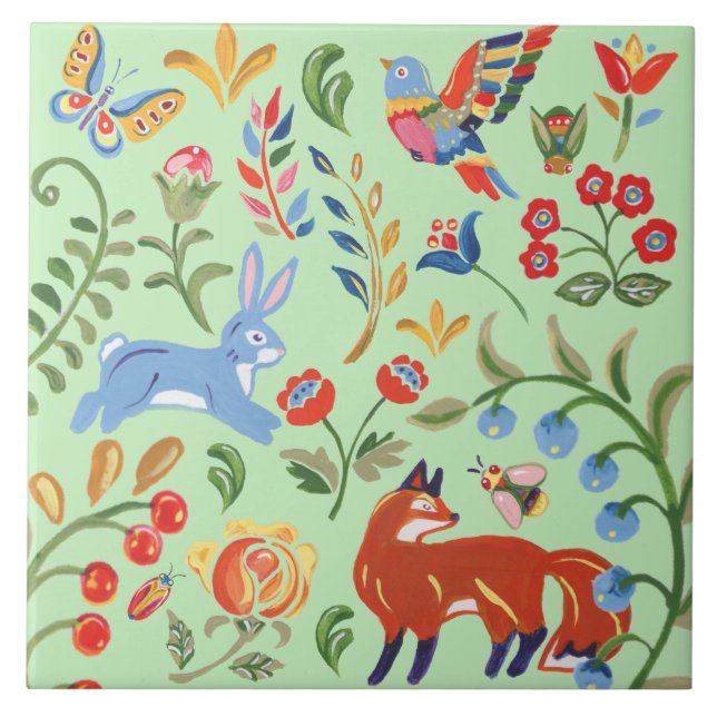 Folk Art Green Animal Woodland Floral Fox Rabbit Ceramic Tile (Front)