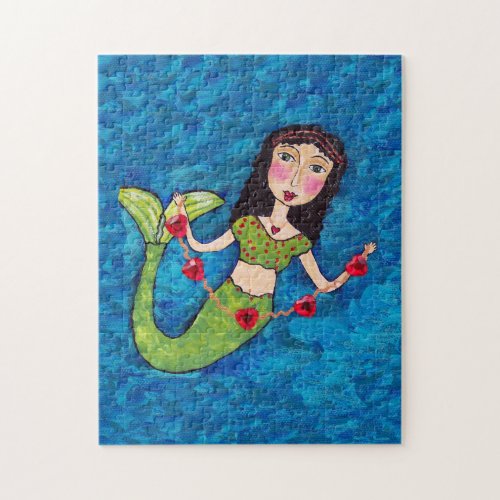 Folk Art Green Mermaid String of Red Hearts Jigsaw Puzzle