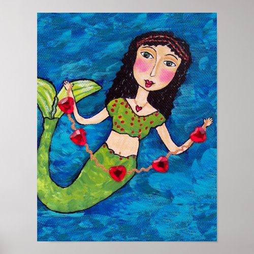 Folk Art Green Mermaid String of Red Hearts Poster