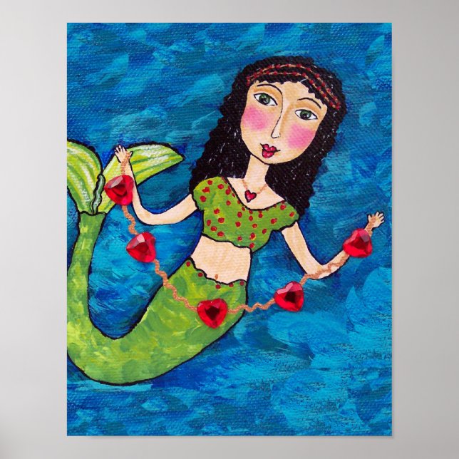 Folk Art Green Mermaid String of Red Hearts Poster (Front)