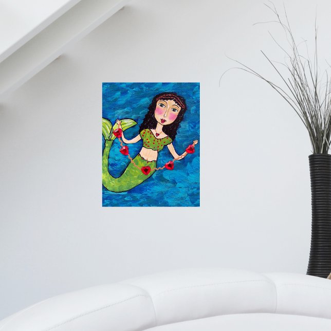 Folk Art Green Mermaid String of Red Hearts Poster (Mermaid green tail black hair with string of red hearts on blue wall art poster.)