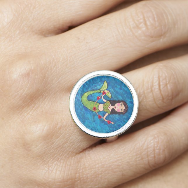 Folk Art Green Mermaid String of Red Hearts Ring (In Situ)