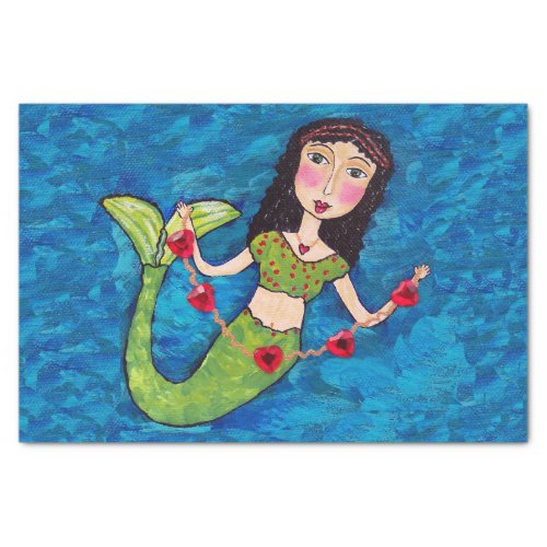 Folk Art Green Mermaid String of Red Hearts Tissue Paper