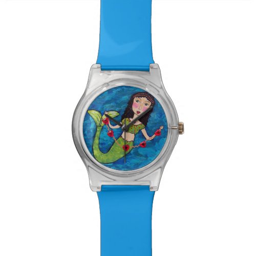 Folk Art Green Mermaid String of Red Hearts Watch