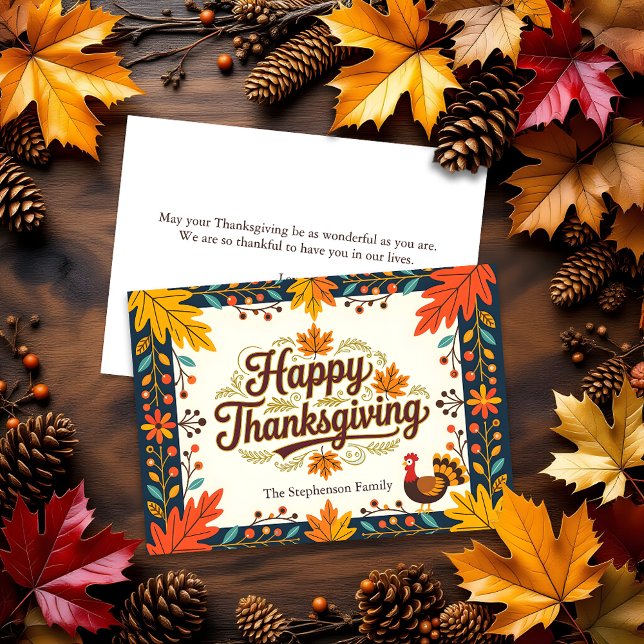Folk Art Harvest Autumn Leaves Happy Thanksgiving  Card (Creator Uploaded)