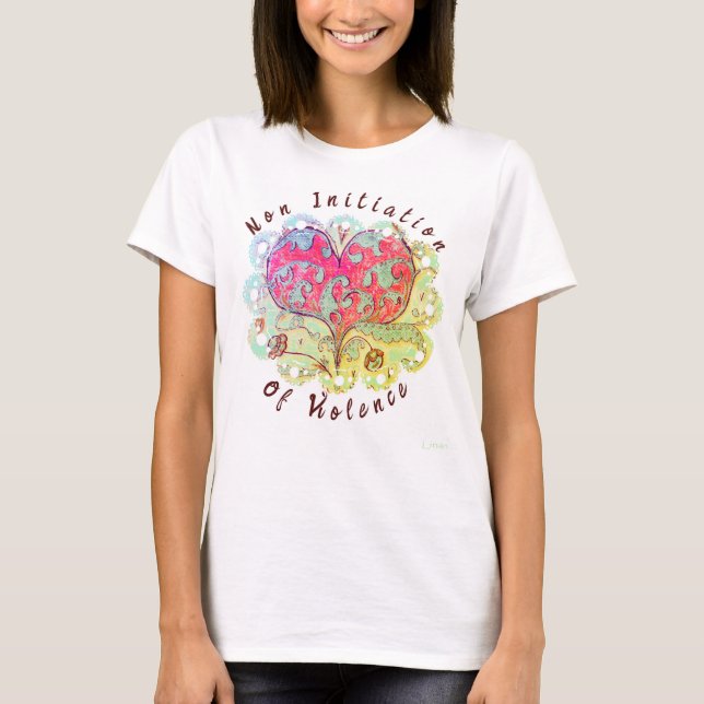 Folk Art Heart Non Initiation Of Violence T-Shirt (Front)