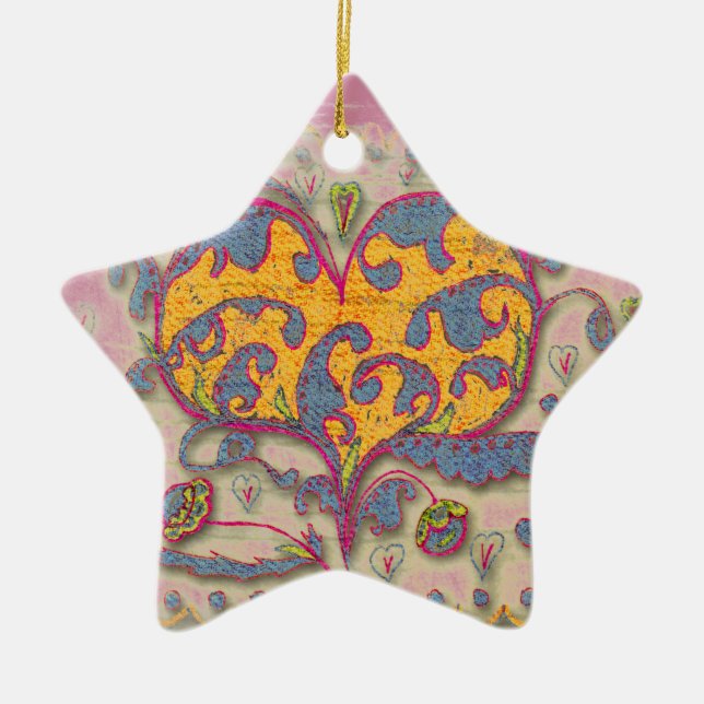 Folk Art Heart with leaves and flowers Ceramic Ornament (Front)