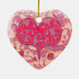 Folk Art Heart with leaves and flowers Ceramic Ornament