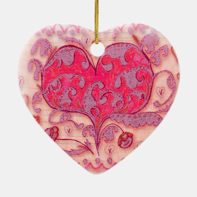 Folk Art Heart with leaves and flowers Ceramic Ornament (Back)
