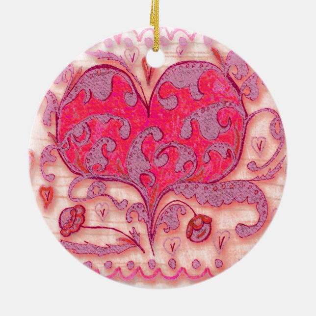 Folk Art Heart with leaves and flowers Ceramic Ornament (Back)