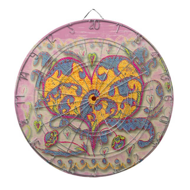 Folk Art Heart with leaves and flowers Dartboard (Front)