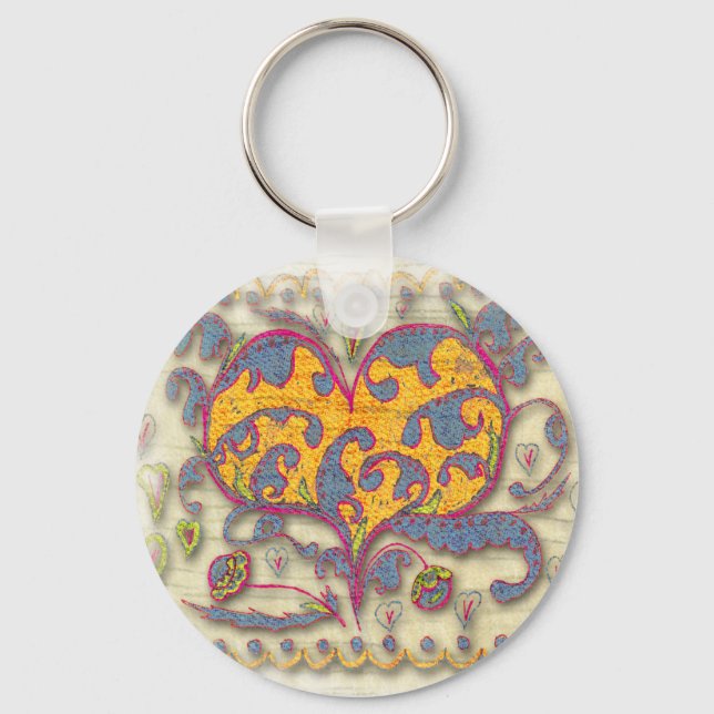 Folk Art Heart with leaves and flowers Keychain (Front)