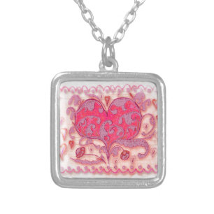 Folk Art Heart with leaves and flowers Silver Plated Necklace