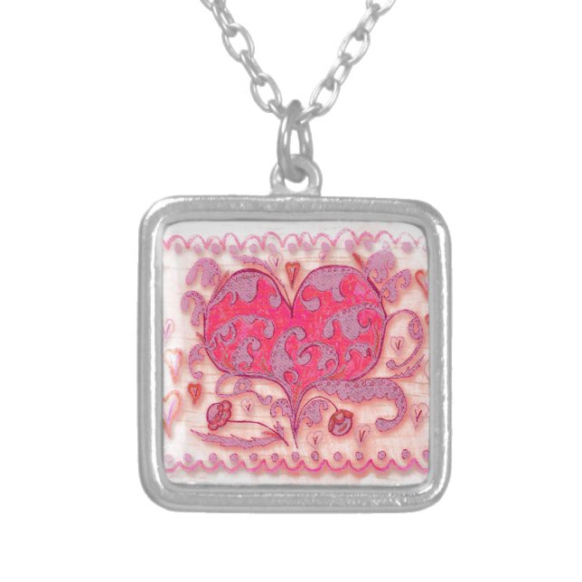 Folk Art Heart with leaves and flowers Silver Plated Necklace (Front)