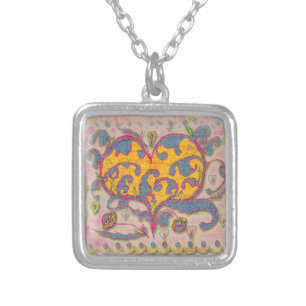 Folk Art Heart with leaves and flowers Silver Plated Necklace