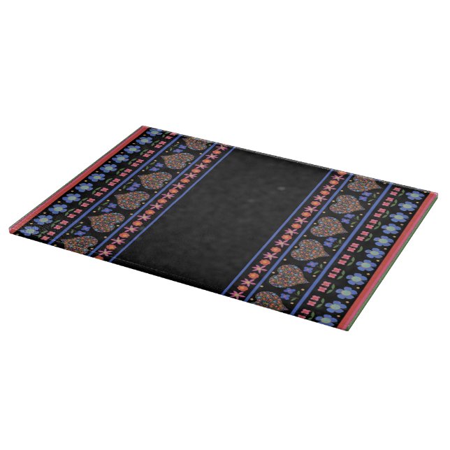 Folk Art Hearts Border, Black: Glass Cutting Board (Corner)