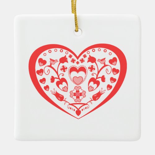 Folk Art Hearts Ceramic Ornament