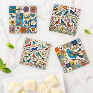 Folk Art Hippie Floral Patchwork with Birds Coaster Set